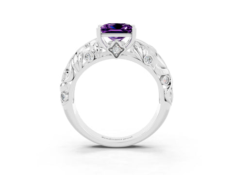 White gold Princess Cut Solitaire Amethyst Leaf-Inspired Vine Band Ring with Prong Setting_3