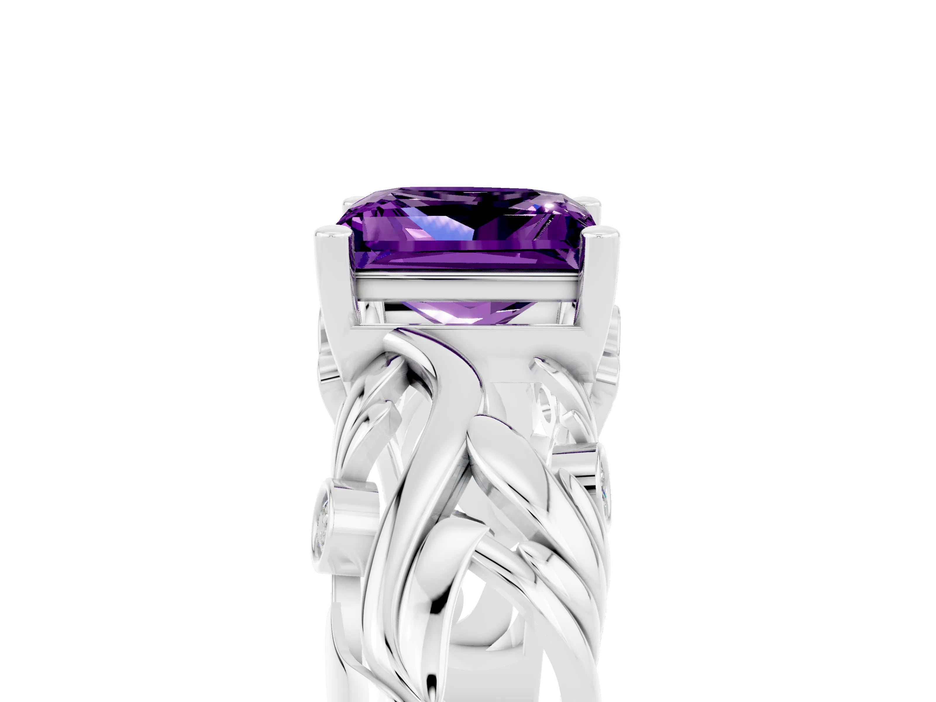 White gold Princess Cut Solitaire Amethyst Leaf-Inspired Vine Band Ring with Prong Setting_5