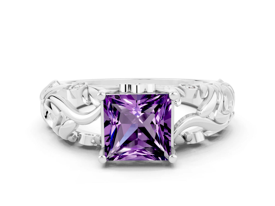 White gold Princess Cut Solitaire Amethyst Leaf-Inspired Vine Band Ring with Prong Setting