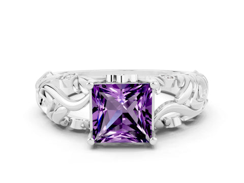 White gold Princess Cut Solitaire Amethyst Leaf-Inspired Vine Band Ring with Prong Setting