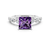 White gold Princess Cut Solitaire Amethyst Ring with Pave Band and Four-Prong Setting