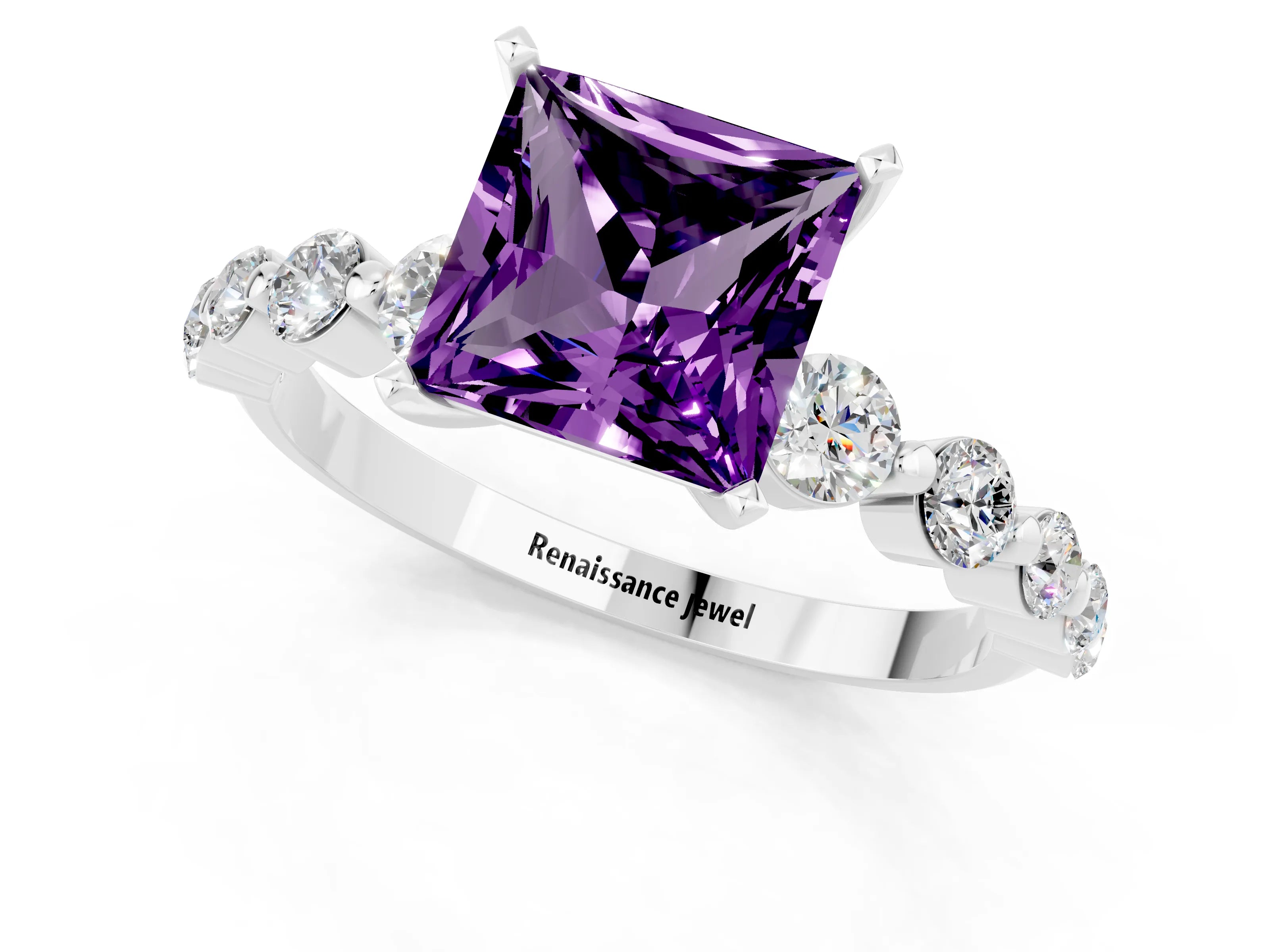 White gold Princess Cut Solitaire Amethyst Ring with Pave Band and Four-Prong Setting_1