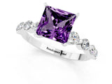 White gold Princess Cut Solitaire Amethyst Ring with Pave Band and Four-Prong Setting_1