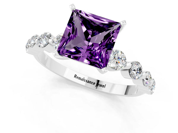 Platinum Princess Cut Solitaire Amethyst Ring with Pave Band and Four-Prong Setting