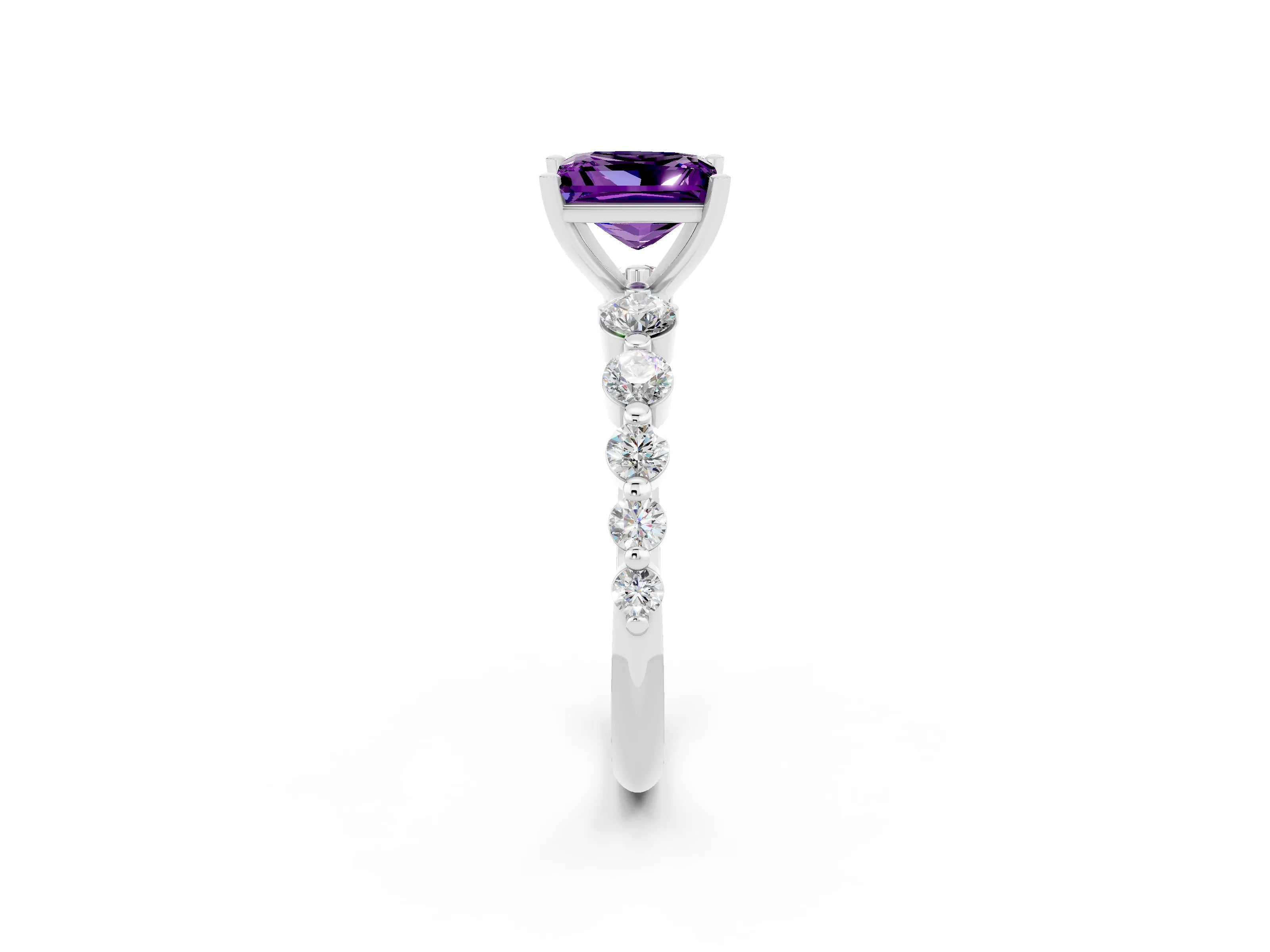 White gold Princess Cut Solitaire Amethyst Ring with Pave Band and Four-Prong Setting_2