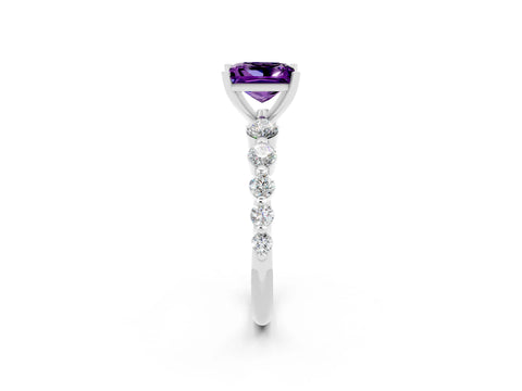 White gold Princess Cut Solitaire Amethyst Ring with Pave Band and Four-Prong Setting_2