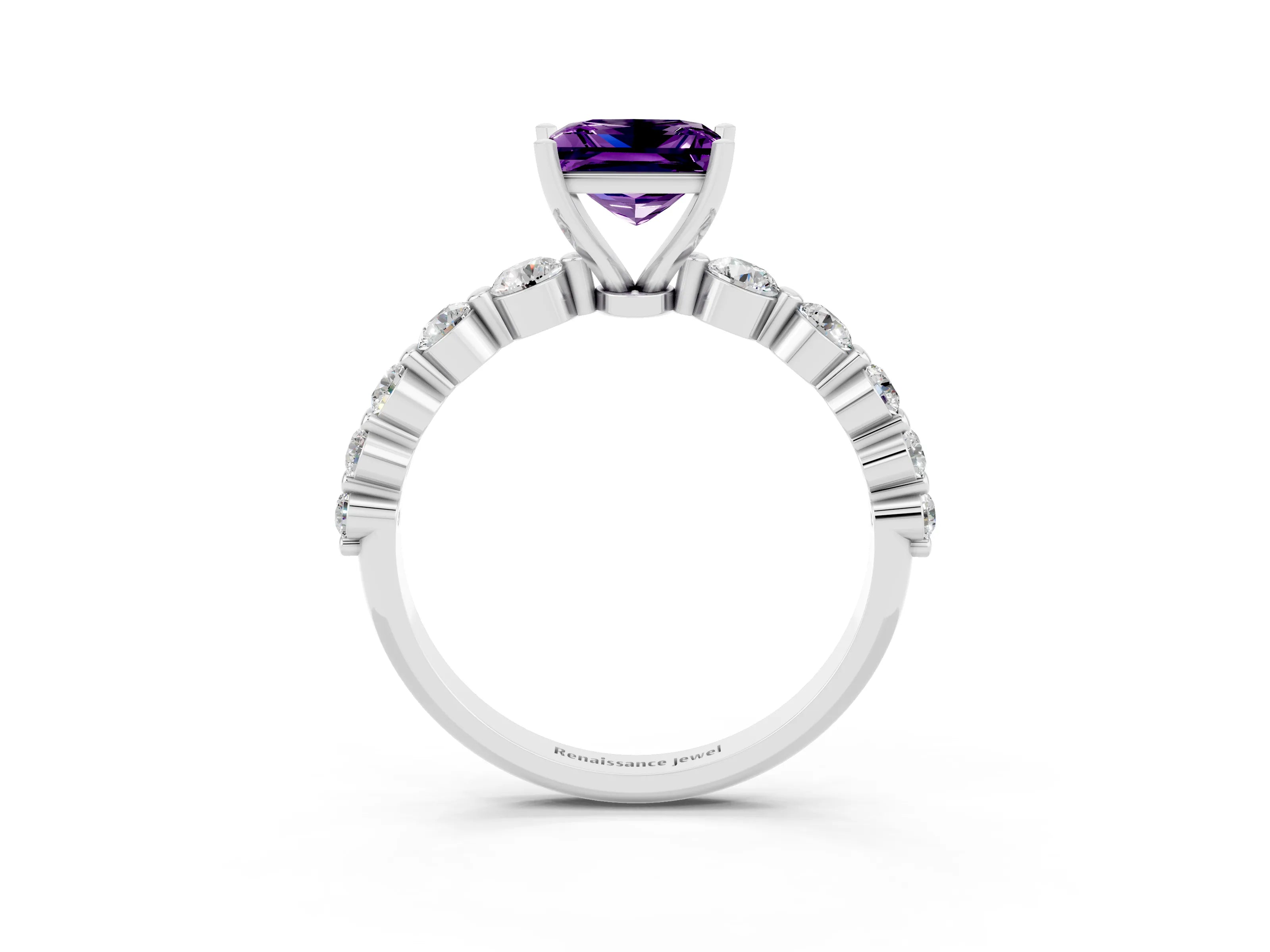 White gold Princess Cut Solitaire Amethyst Ring with Pave Band and Four-Prong Setting_3