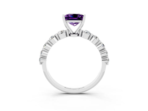 White gold Princess Cut Solitaire Amethyst Ring with Pave Band and Four-Prong Setting_3