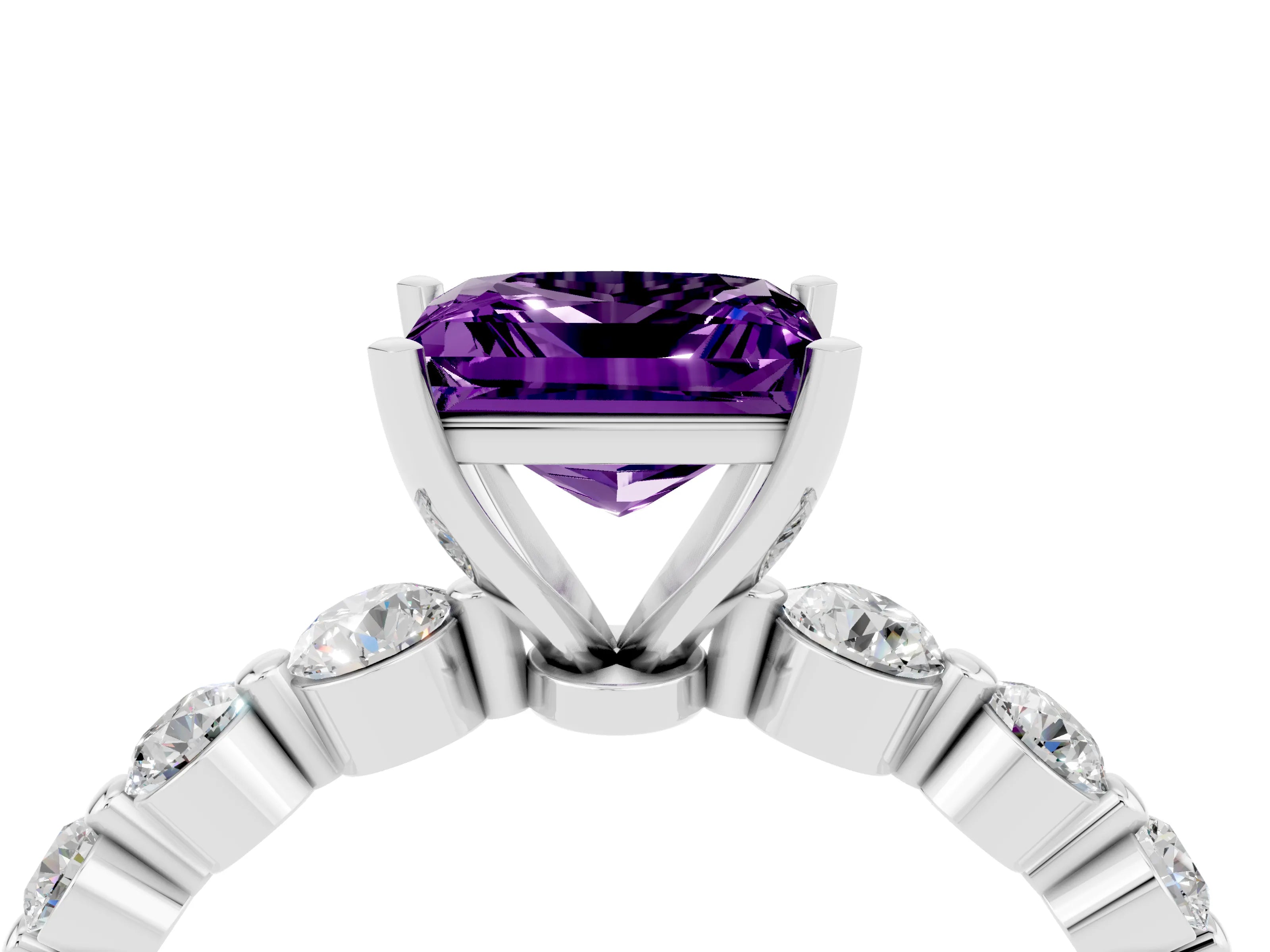 White gold Princess Cut Solitaire Amethyst Ring with Pave Band and Four-Prong Setting_4
