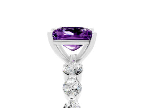 White gold Princess Cut Solitaire Amethyst Ring with Pave Band and Four-Prong Setting_5