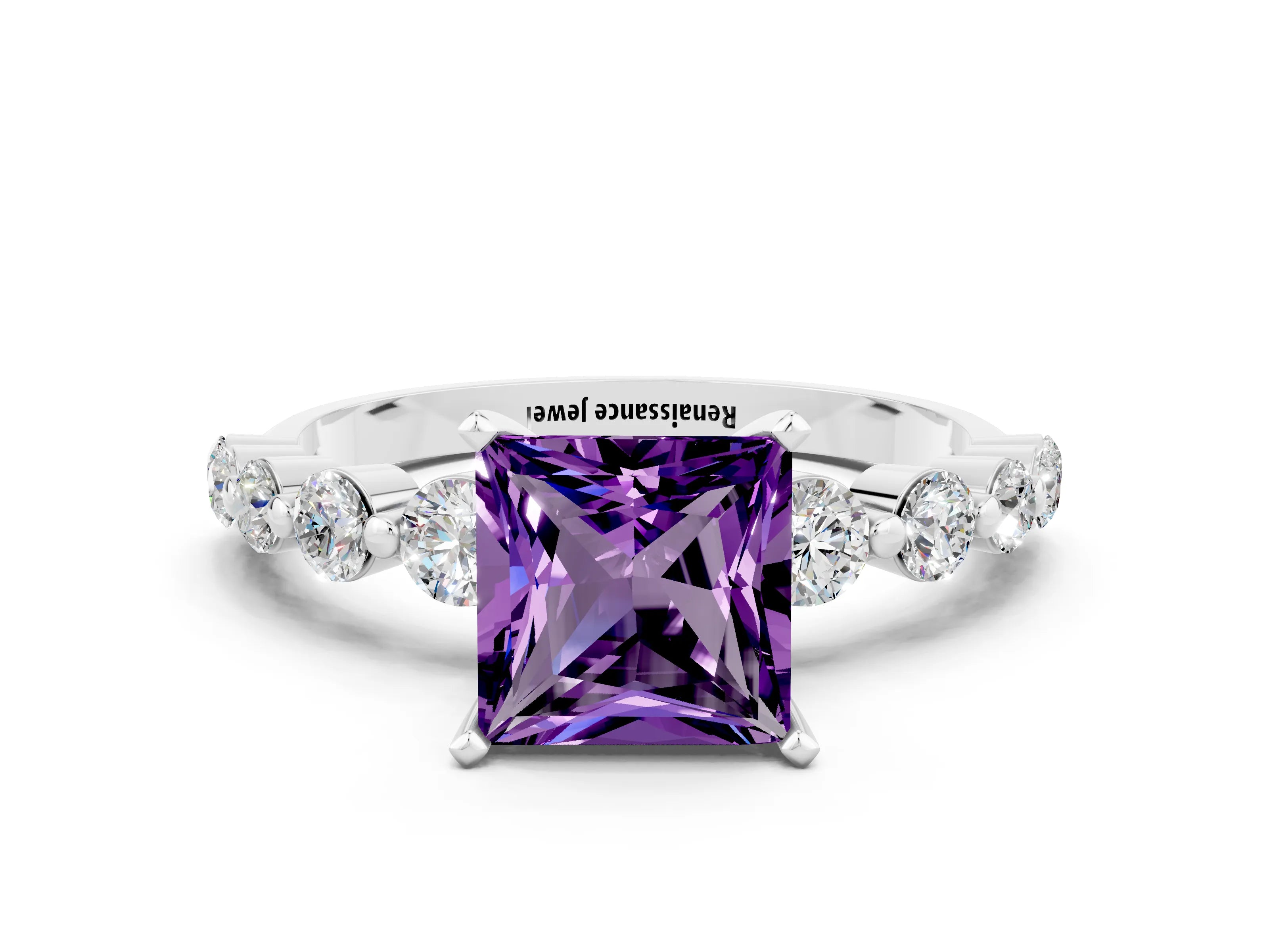 White gold Princess Cut Solitaire Amethyst Ring with Pave Band and Four-Prong Setting