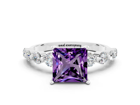 White gold Princess Cut Solitaire Amethyst Ring with Pave Band and Four-Prong Setting