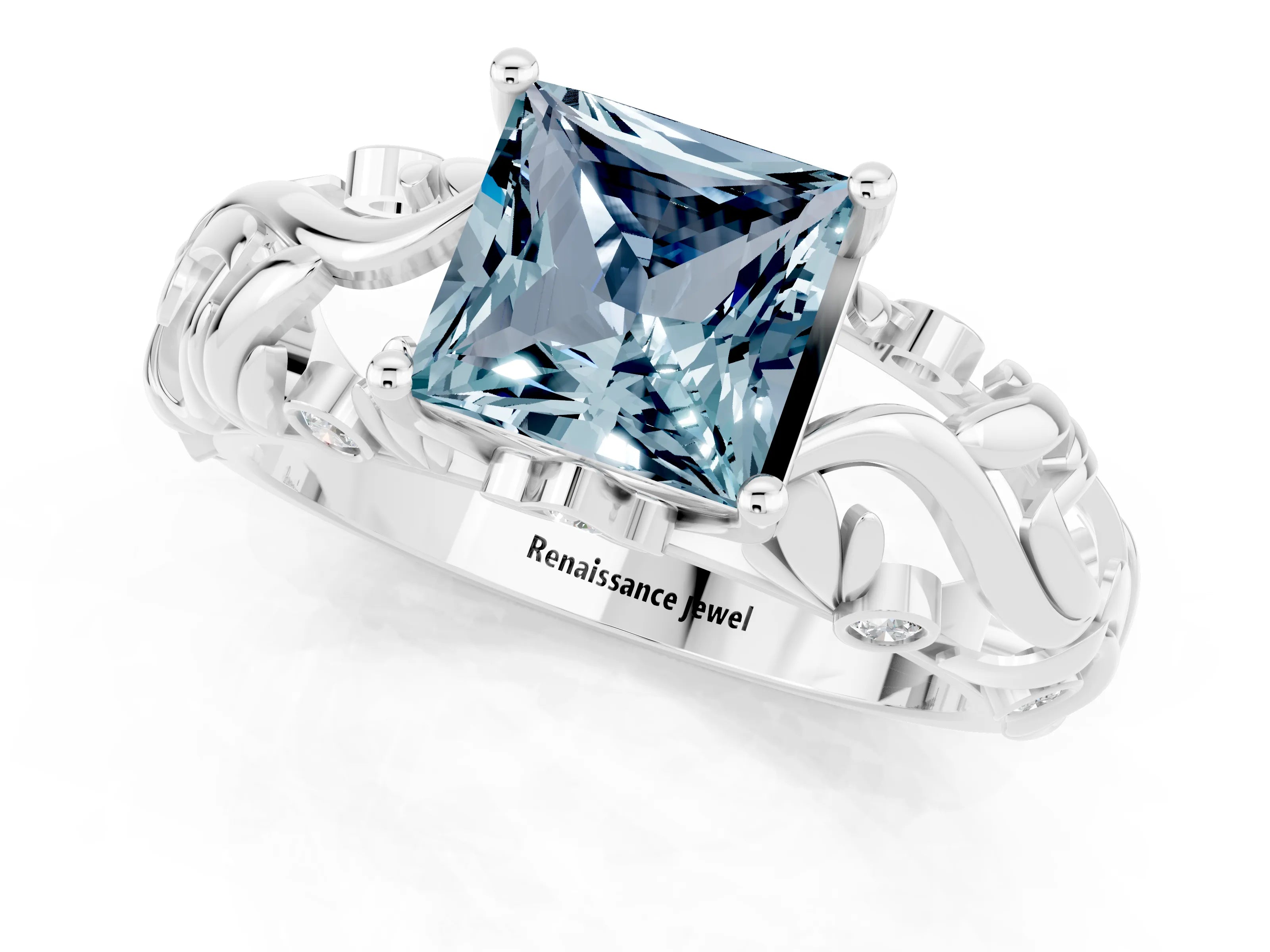 White gold Princess Cut Solitaire Aquamarine Leaf-Inspired Vine Band Ring with Prong Setting_1