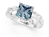 White gold Princess Cut Solitaire Aquamarine Leaf-Inspired Vine Band Ring with Prong Setting_1