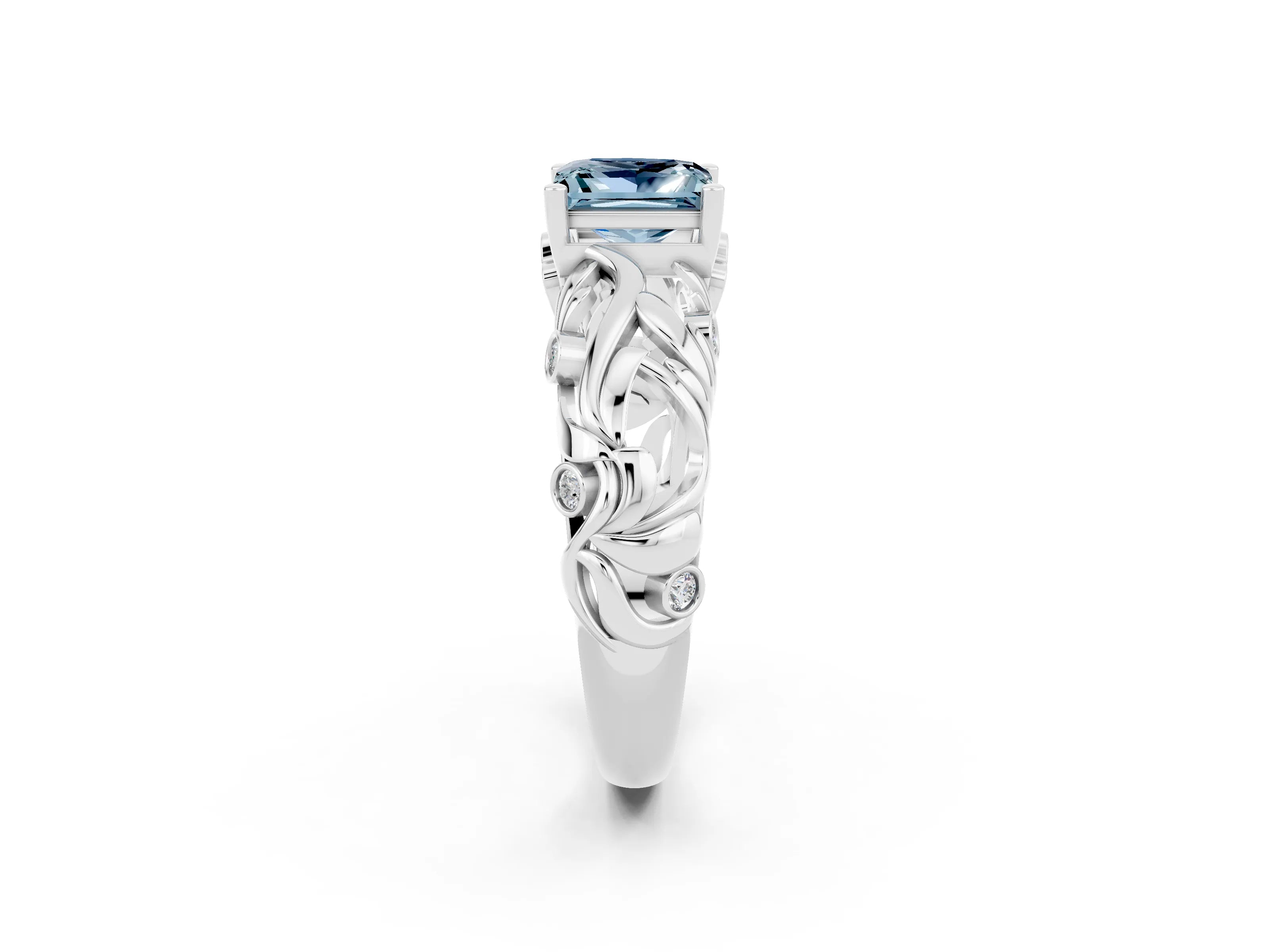 White gold Princess Cut Solitaire Aquamarine Leaf-Inspired Vine Band Ring with Prong Setting_2