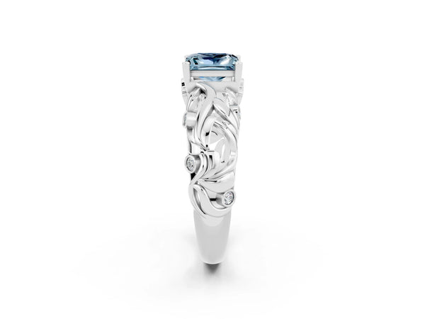 White gold Princess Cut Solitaire Aquamarine Leaf-Inspired Vine Band Ring with Prong Setting
