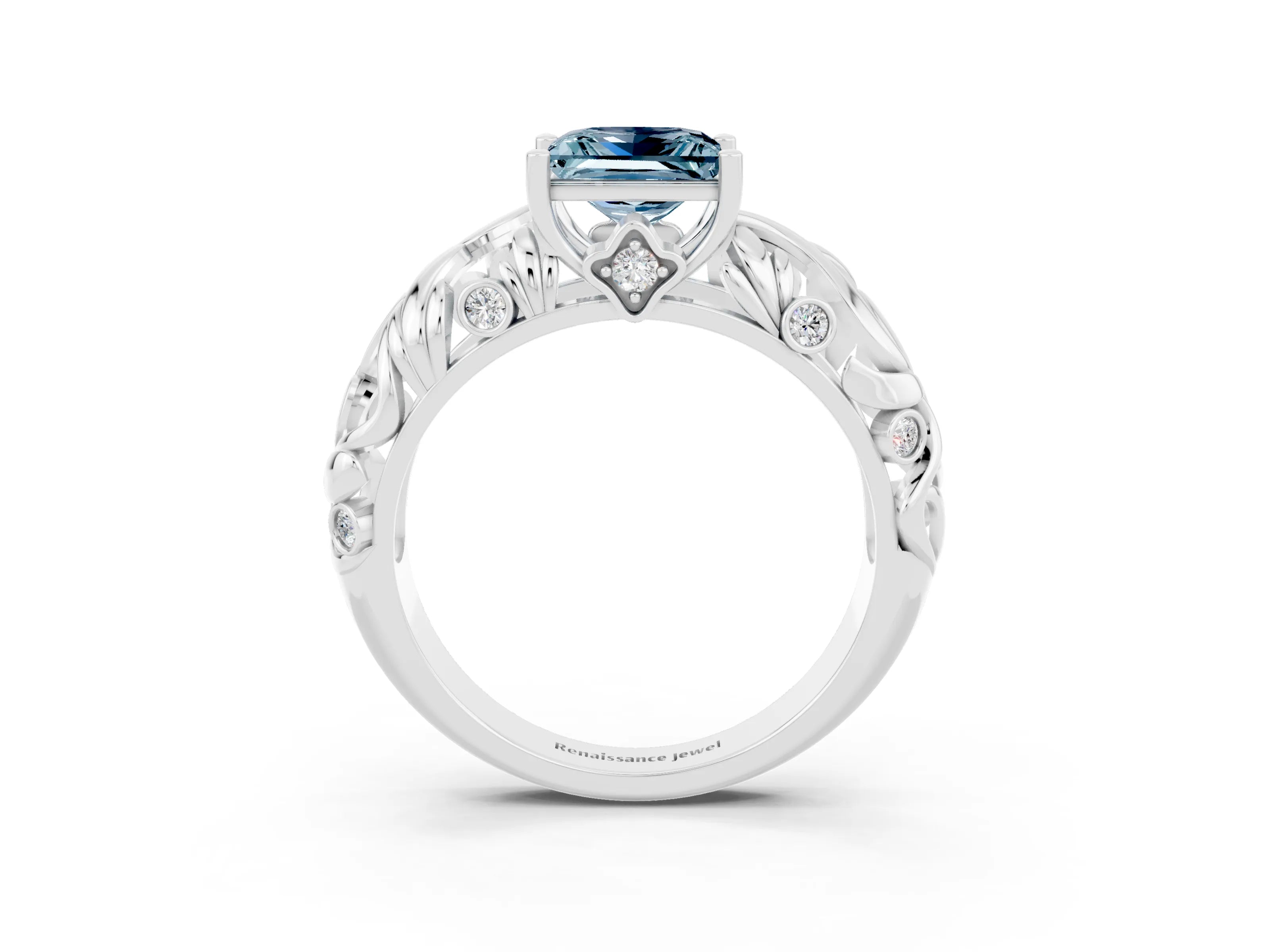 White gold Princess Cut Solitaire Aquamarine Leaf-Inspired Vine Band Ring with Prong Setting_3