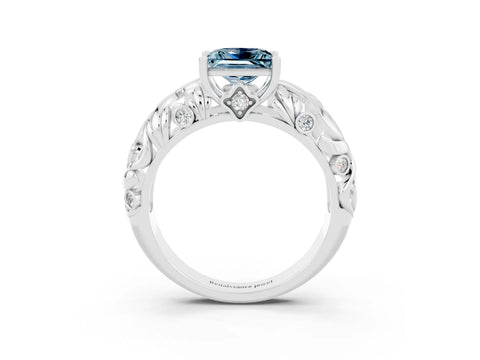 White gold Princess Cut Solitaire Aquamarine Leaf-Inspired Vine Band Ring with Prong Setting_3