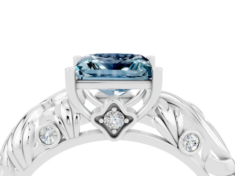 White gold Princess Cut Solitaire Aquamarine Leaf-Inspired Vine Band Ring with Prong Setting_4