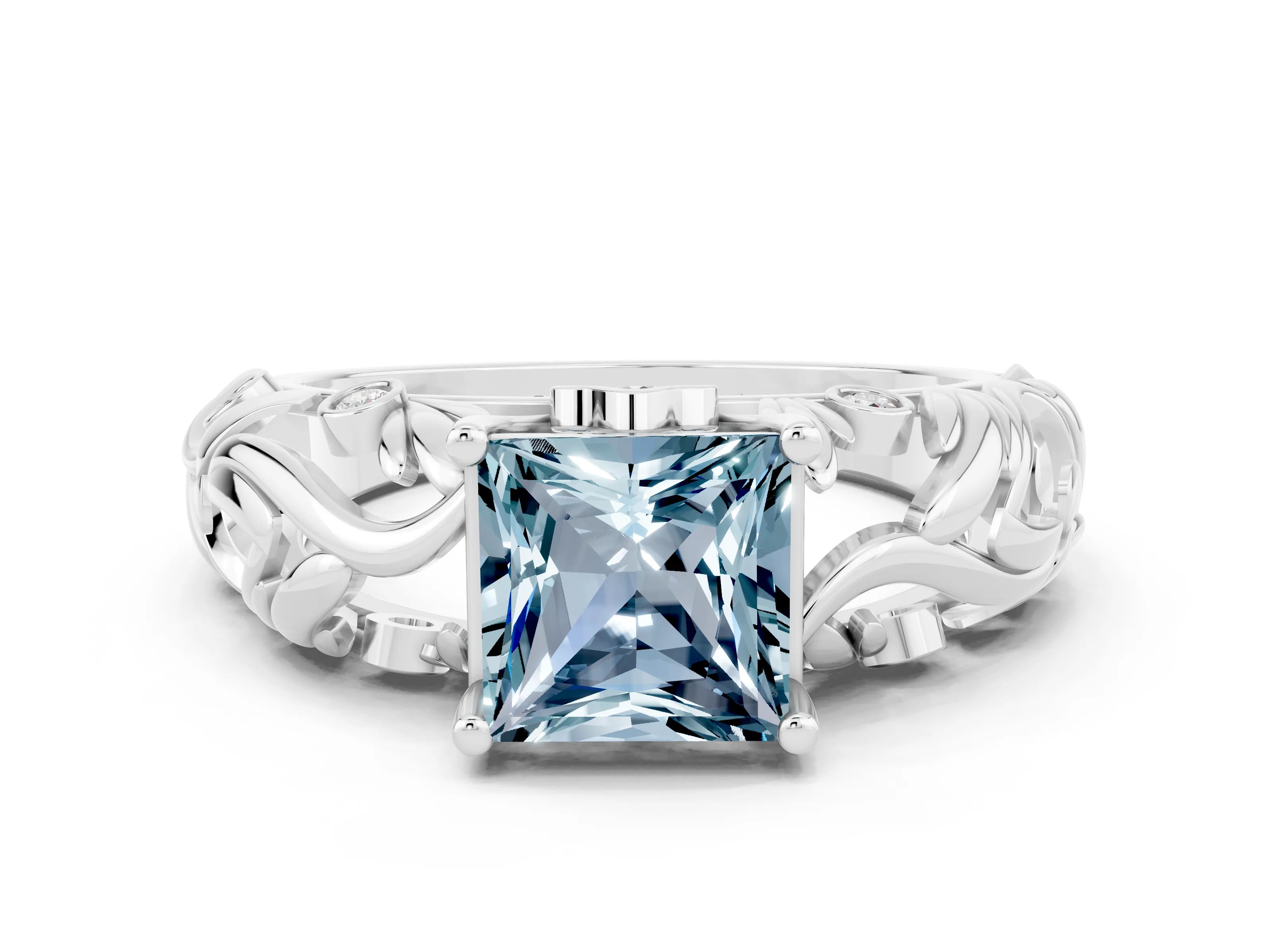 White gold Princess Cut Solitaire Aquamarine Leaf-Inspired Vine Band Ring with Prong Setting