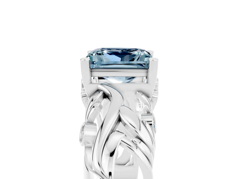 White gold Princess Cut Solitaire Aquamarine Leaf-Inspired Vine Band Ring with Prong Setting_5