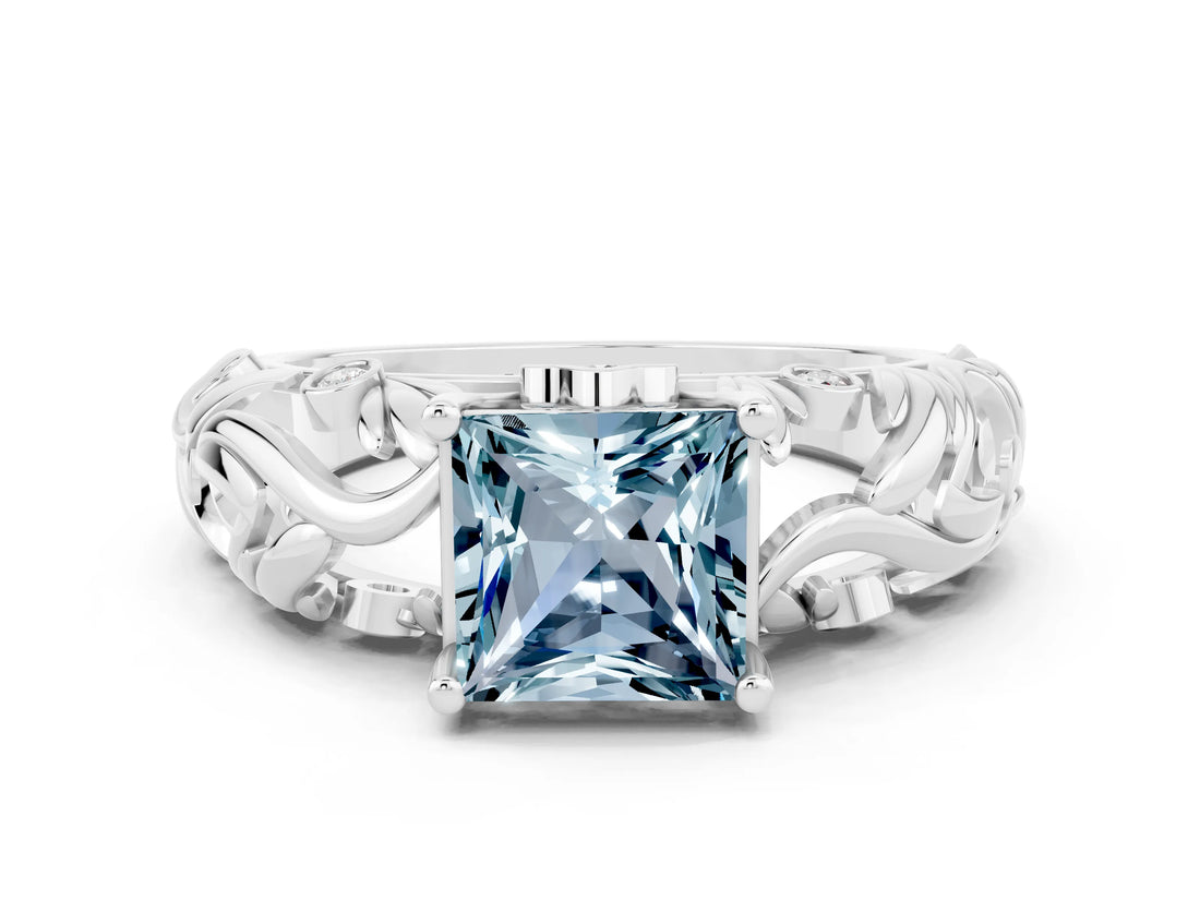 White gold Princess Cut Solitaire Aquamarine Leaf-Inspired Vine Band Ring with Prong Setting