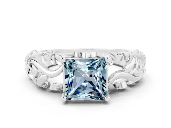 Silver Princess Cut Solitaire Aquamarine Leaf-Inspired Vine Band Ring with Prong Setting