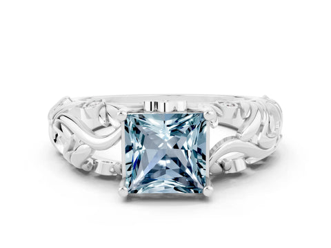 White gold Princess Cut Solitaire Aquamarine Leaf-Inspired Vine Band Ring with Prong Setting