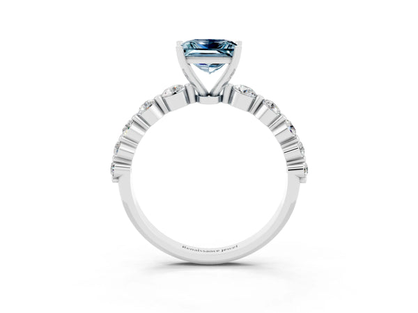 Silver Princess Cut Solitaire Aquamarine Ring with Pave Band and Four-Prong Setting