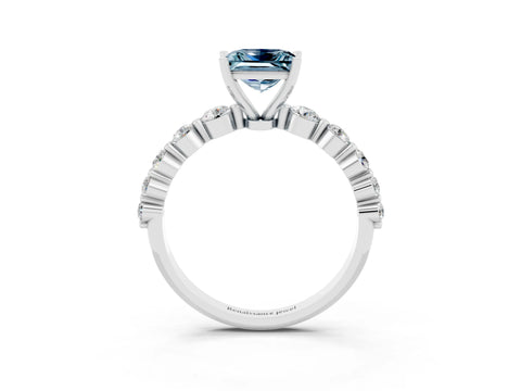 White gold Princess Cut Solitaire Aquamarine Ring with Pave Band and Four-Prong Setting_3
