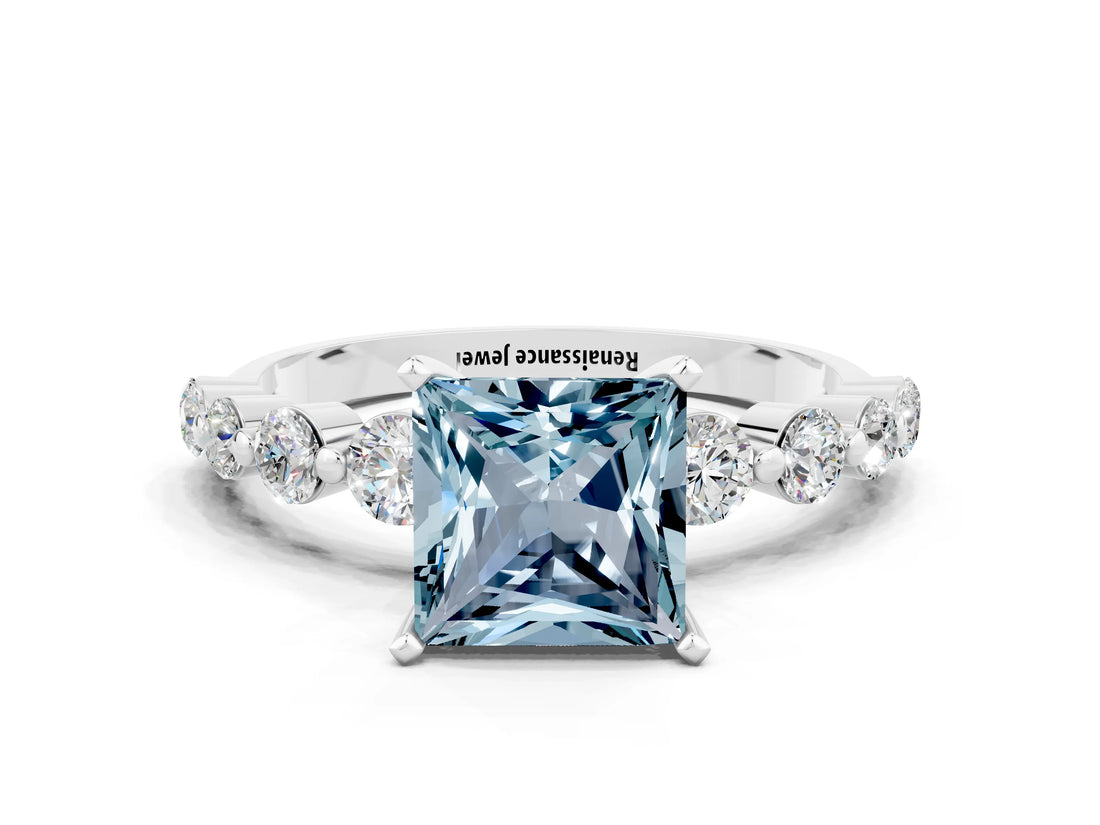 White gold Princess Cut Solitaire Aquamarine Ring with Pave Band and Four-Prong Setting