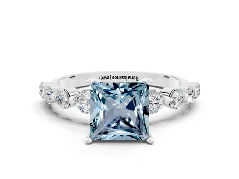 White gold Princess Cut Solitaire Aquamarine Ring with Pave Band and Four-Prong Setting