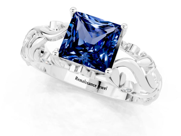 Platinum Princess Cut Solitaire Blue Sapphire Leaf-Inspired Vine Band Ring with Prong Setting