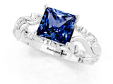 White gold Princess Cut Solitaire Blue Sapphire Leaf-Inspired Vine Band Ring with Prong Setting_1