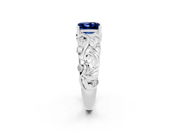 Silver Princess Cut Solitaire Blue Sapphire Leaf-Inspired Vine Band Ring with Prong Setting