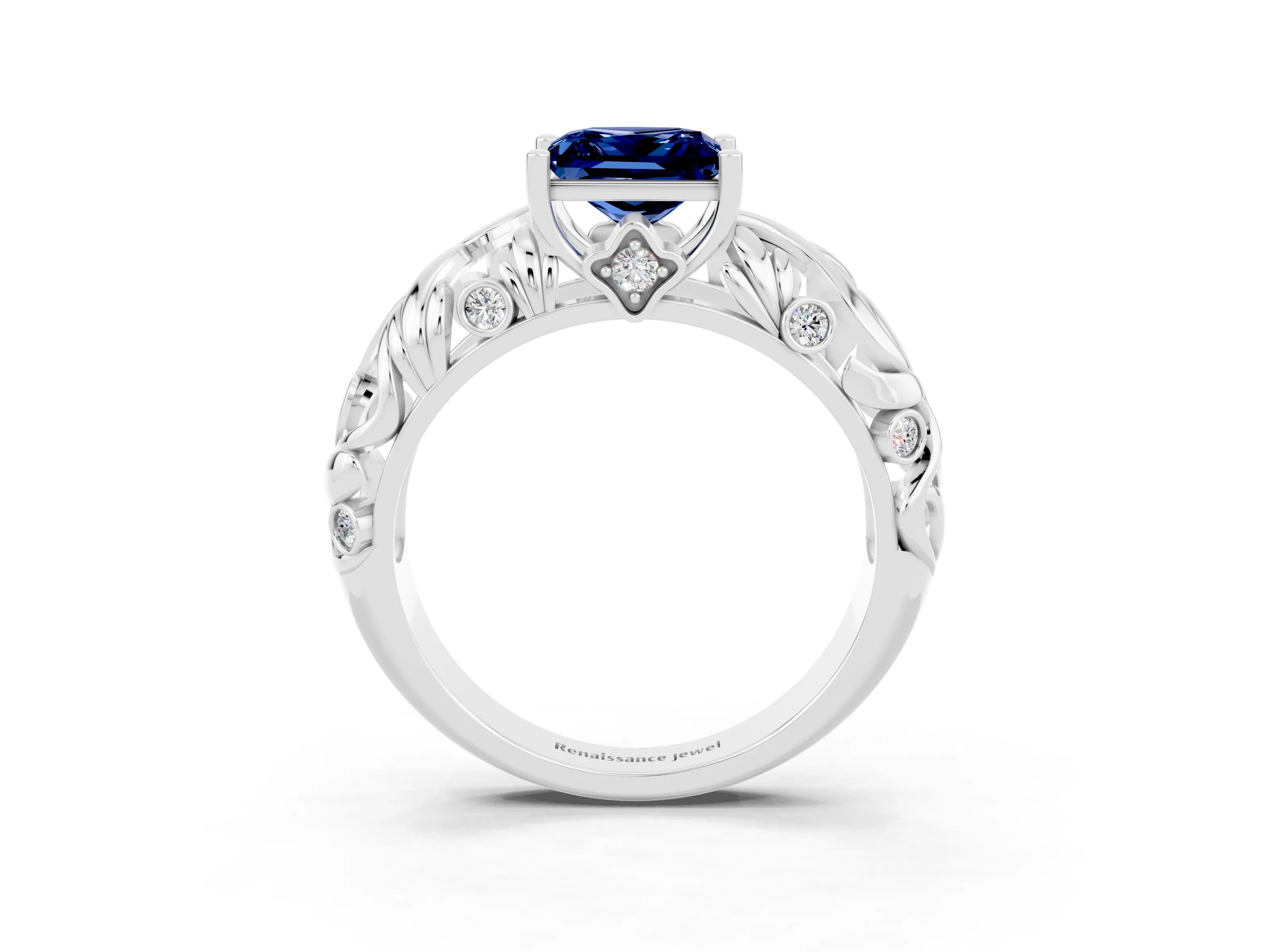 White gold Princess Cut Solitaire Blue Sapphire Leaf-Inspired Vine Band Ring with Prong Setting_3