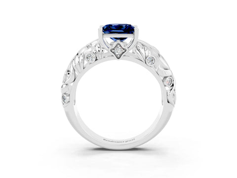 White gold Princess Cut Solitaire Blue Sapphire Leaf-Inspired Vine Band Ring with Prong Setting_3