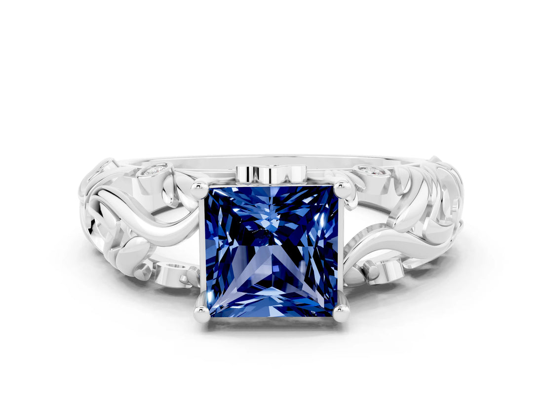 White gold Princess Cut Solitaire Blue Sapphire Leaf-Inspired Vine Band Ring with Prong Setting