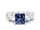 White gold Princess Cut Solitaire Blue Sapphire Leaf-Inspired Vine Band Ring with Prong Setting