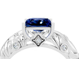 White gold Princess Cut Solitaire Blue Sapphire Leaf-Inspired Vine Band Ring with Prong Setting_4