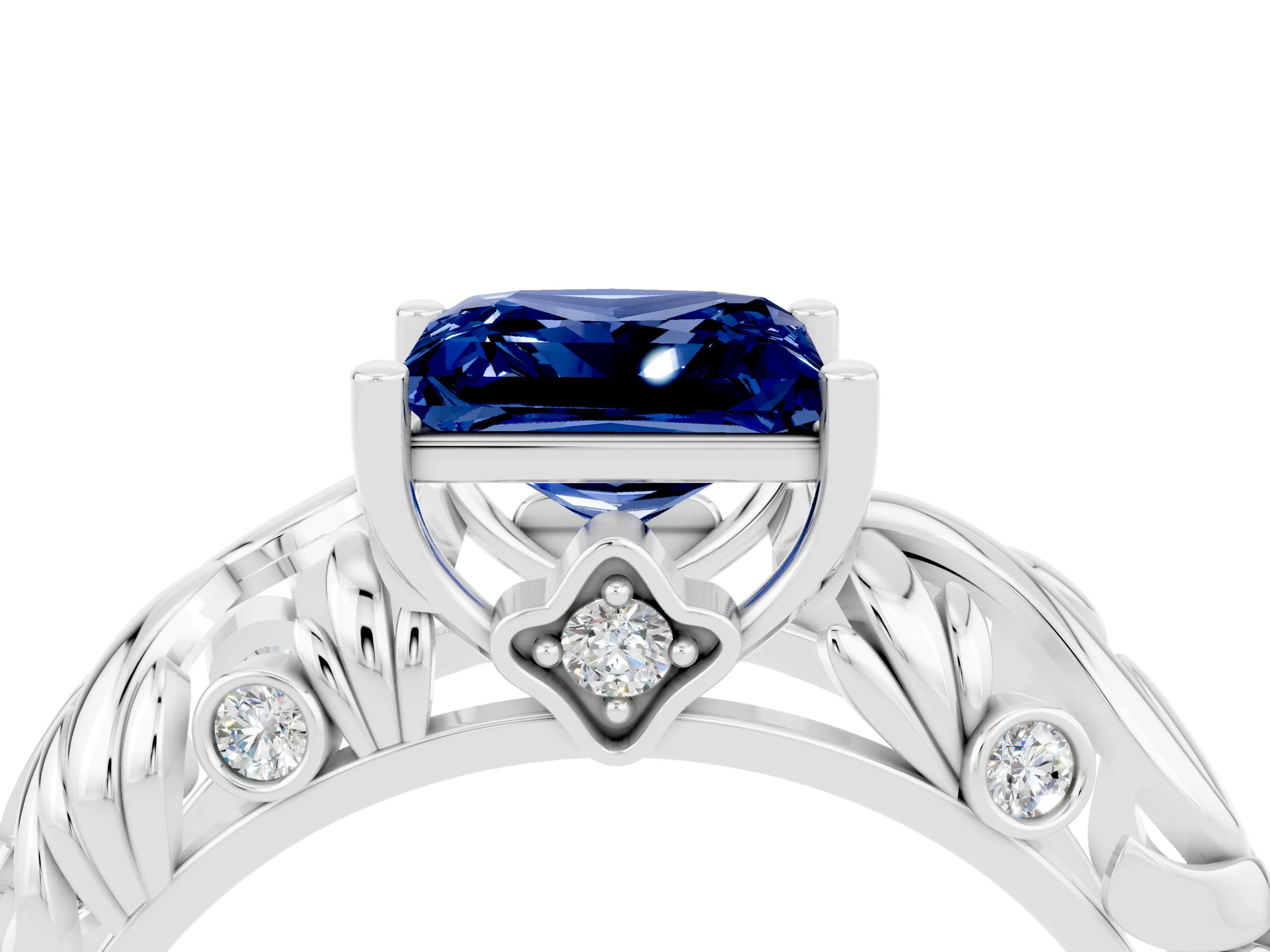White gold Princess Cut Solitaire Blue Sapphire Leaf-Inspired Vine Band Ring with Prong Setting_4