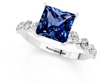 White gold Princess Cut Solitaire Blue Sapphire Ring with Pave Band and Four-Prong Setting_1