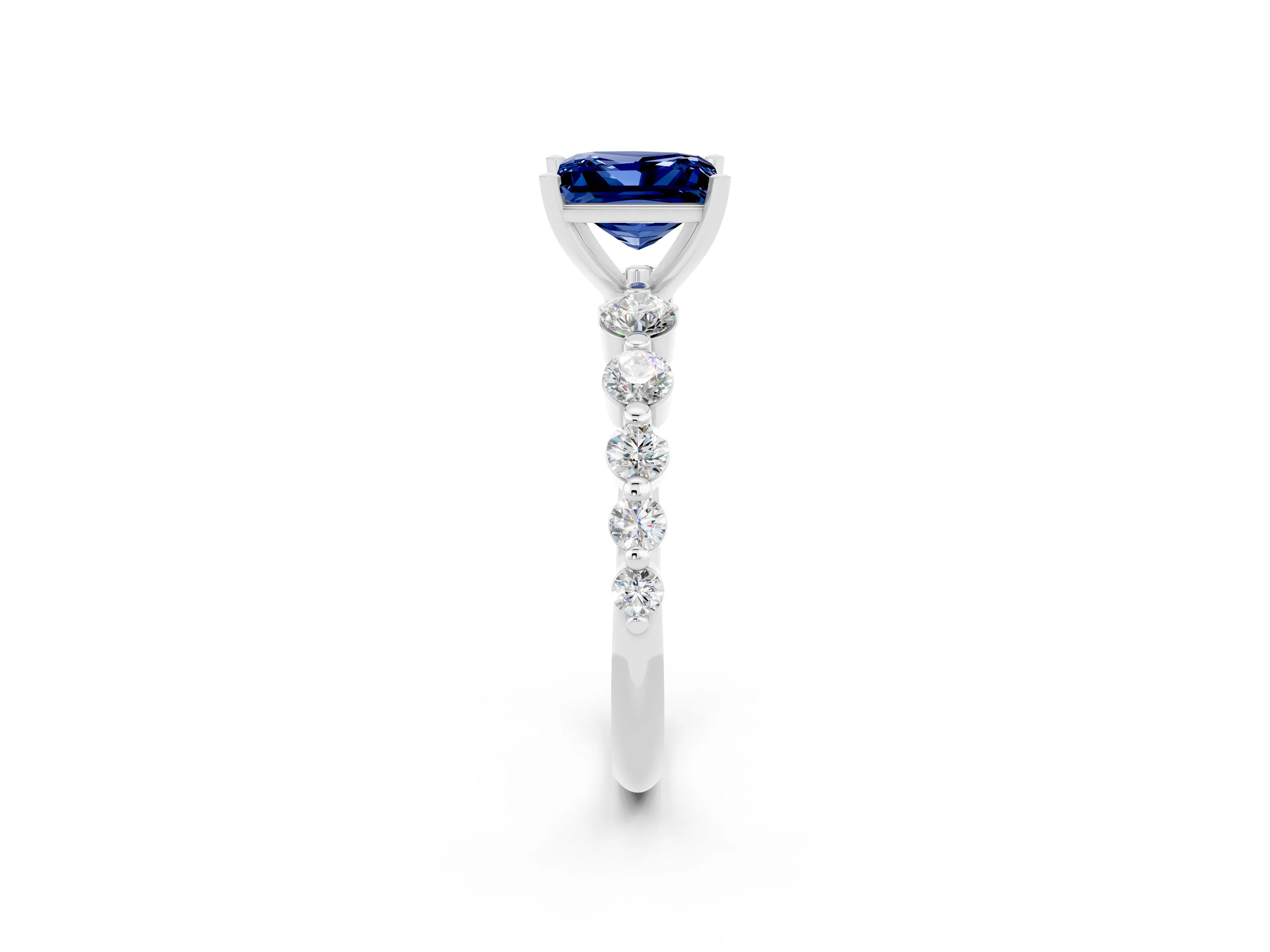 White gold Princess Cut Solitaire Blue Sapphire Ring with Pave Band and Four-Prong Setting_2