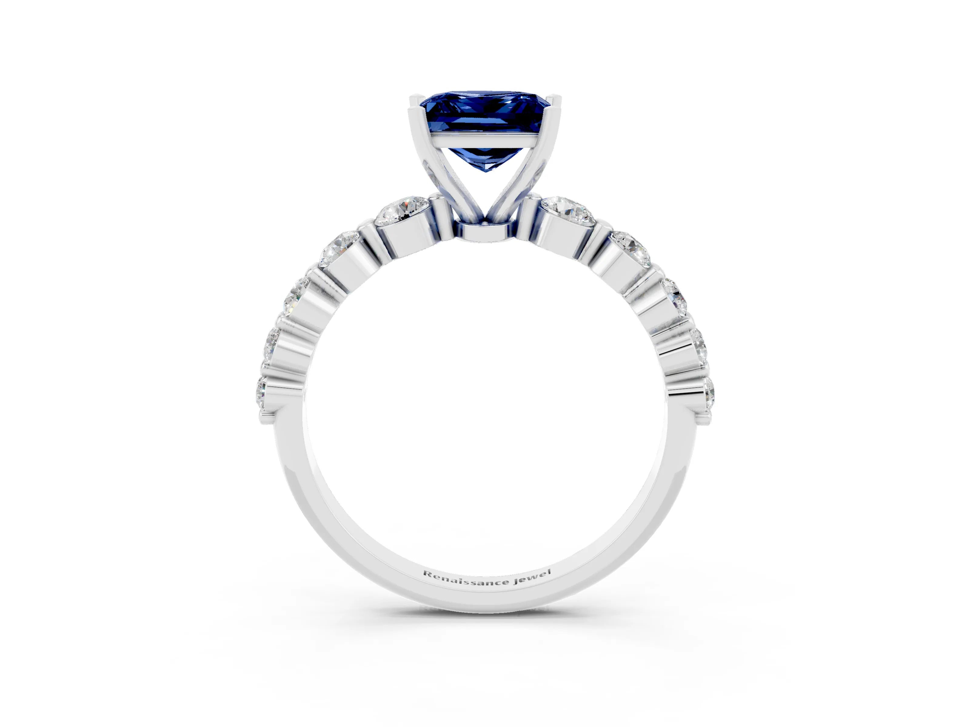 White gold Princess Cut Solitaire Blue Sapphire Ring with Pave Band and Four-Prong Setting_3