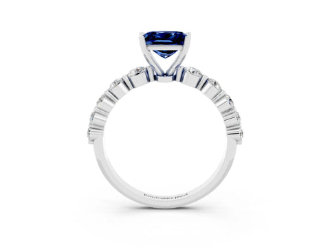 White gold Princess Cut Solitaire Blue Sapphire Ring with Pave Band and Four-Prong Setting_3
