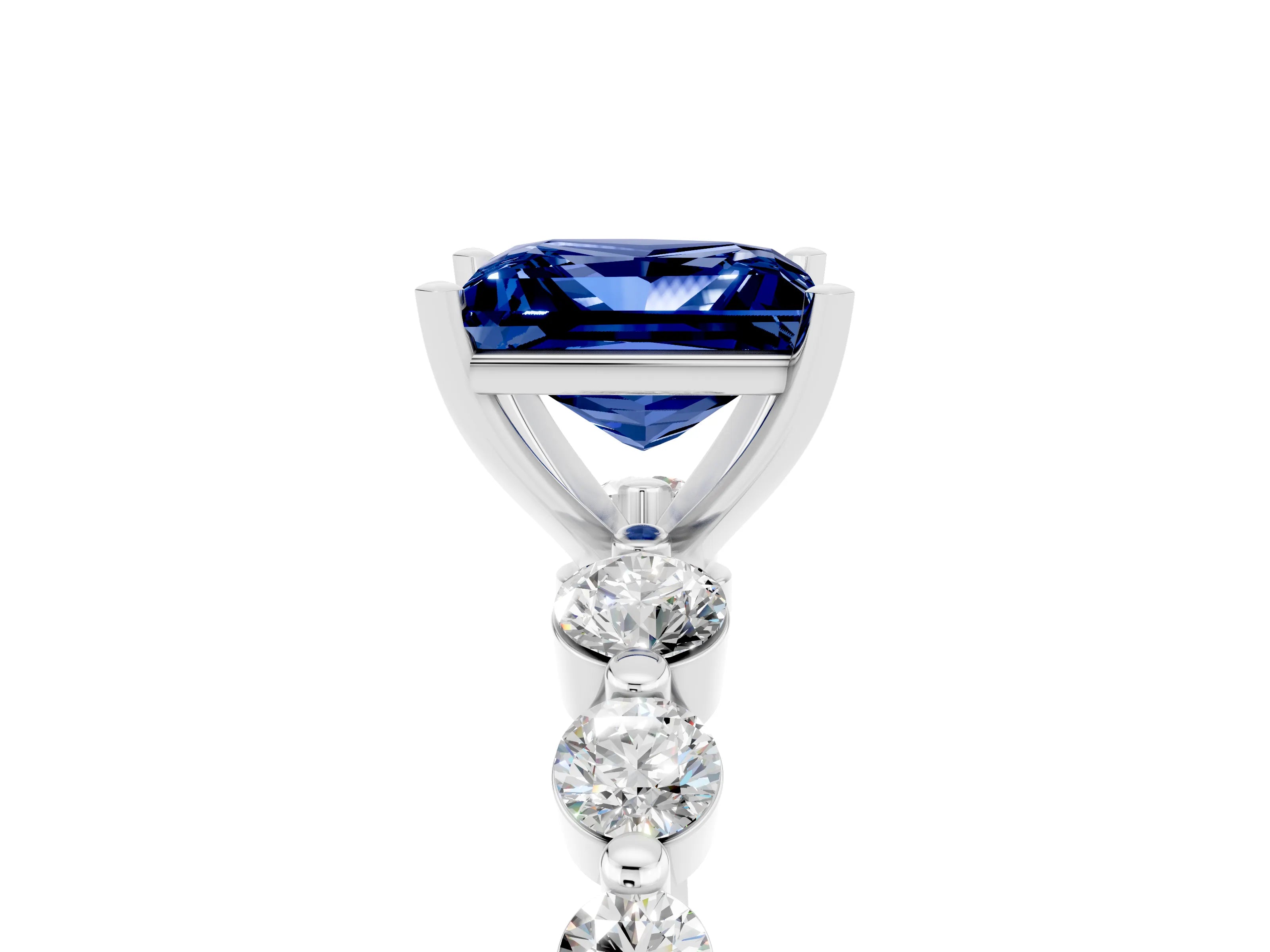 White gold Princess Cut Solitaire Blue Sapphire Ring with Pave Band and Four-Prong Setting_5