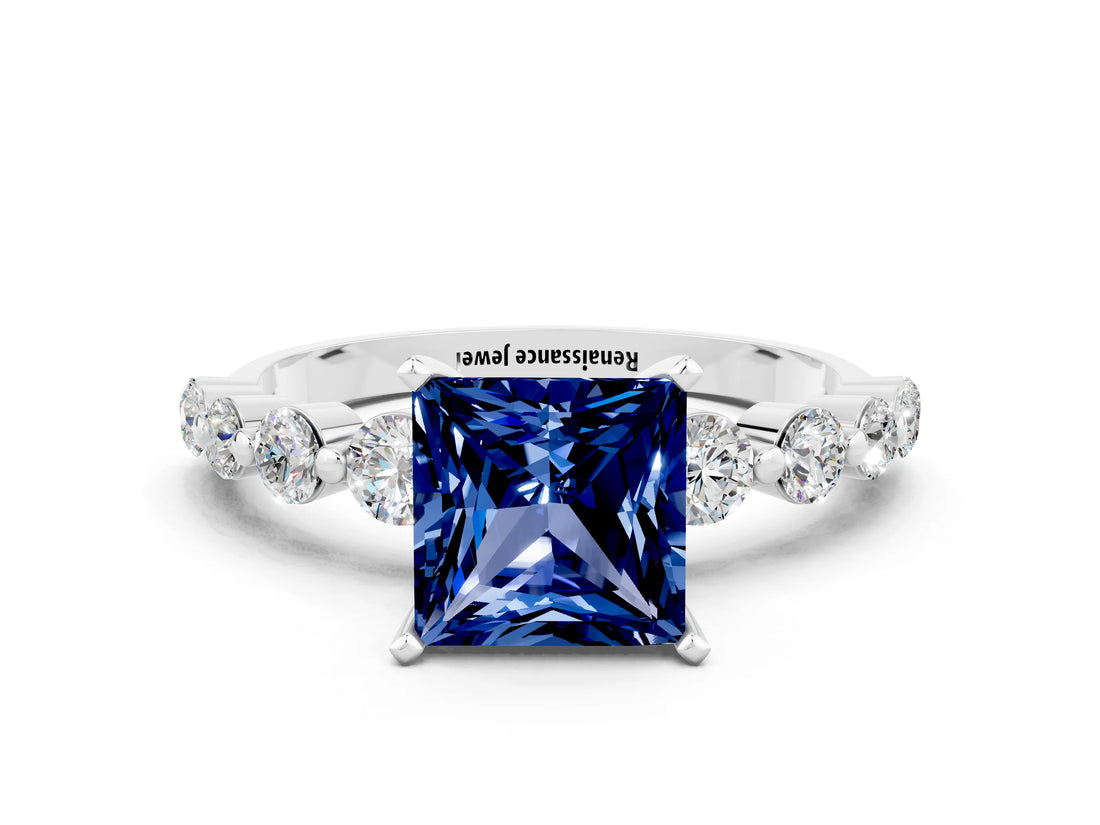 White gold Princess Cut Solitaire Blue Sapphire Ring with Pave Band and Four-Prong Setting