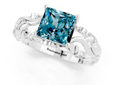 White gold Princess Cut Solitaire Blue Topaz Leaf-Inspired Vine Band Ring with Prong Setting_1