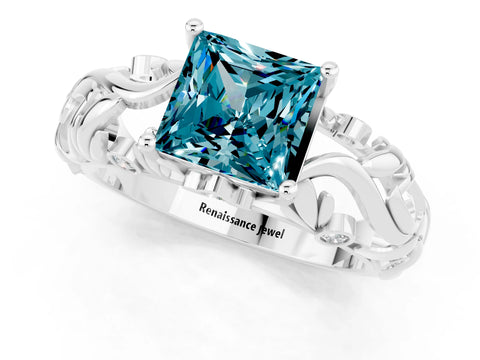 White gold Princess Cut Solitaire Blue Topaz Leaf-Inspired Vine Band Ring with Prong Setting_1