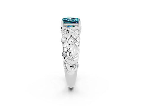 White gold Princess Cut Solitaire Blue Topaz Leaf-Inspired Vine Band Ring with Prong Setting_2